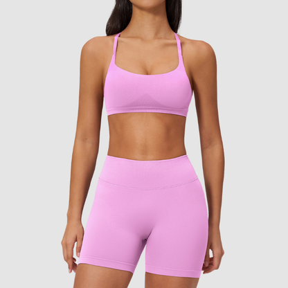 Wholesale Seamless Cross-Back Sports Bra & High-Waist Biker Shorts Set – Quick-Dry Yoga 2-Piece