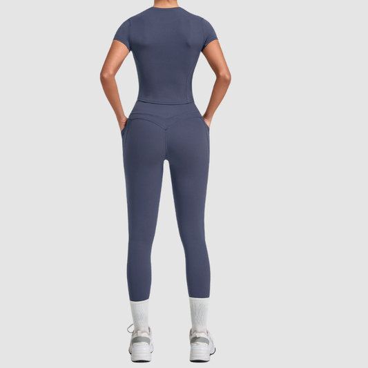 Wholesale Women's Naked-Feel Short Sleeve Top + High-Waist Leggings Set – Peach Lift Yoga Fitness Activewear