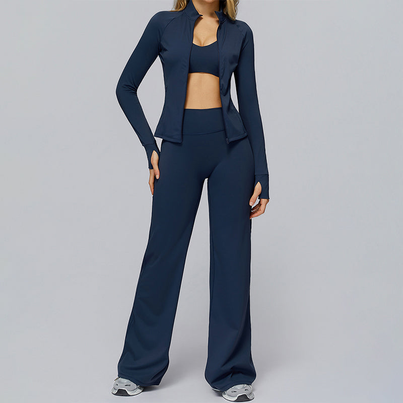 Zippered quick-drying sports jacket+High-waisted wide-leg sweatpants 2-piece set