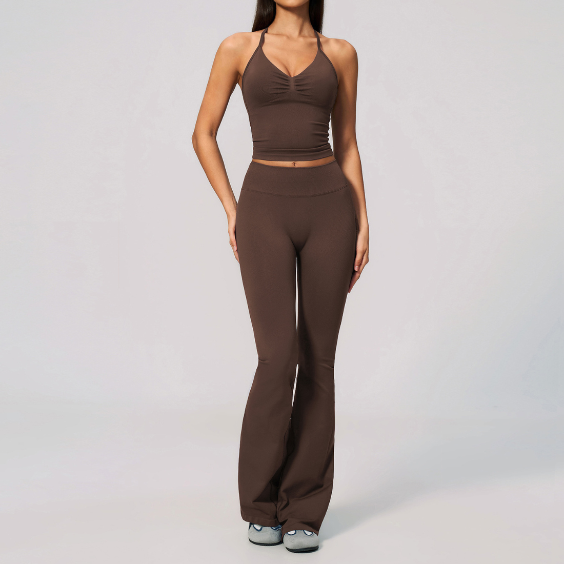 Wholesale Women's Seamless Yoga Set: Strappy Tank Top & Flare Pants – High-Stretch w/ Chest Pad
