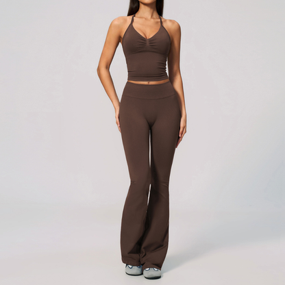 Wholesale Women's Seamless Yoga Set: Strappy Tank Top & Flare Pants – High-Stretch w/ Chest Pad