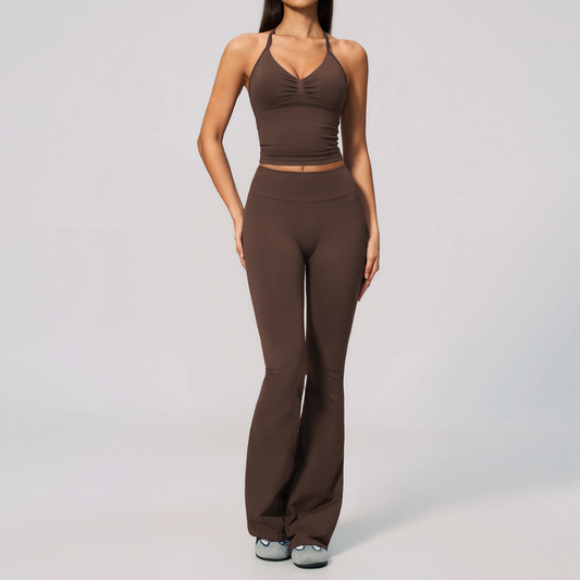 Wholesale Women's Seamless Yoga Set: Strappy Tank Top & Flare Pants – High-Stretch w/ Chest Pad