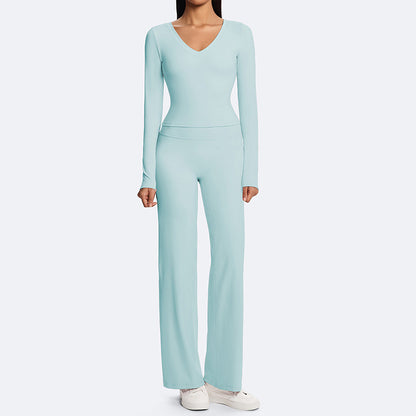 V-neck long-sleeved top + straight-leg pants 2-piece set