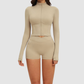 Wholesale stand-collar zippered jacket + high-waisted tight shorts