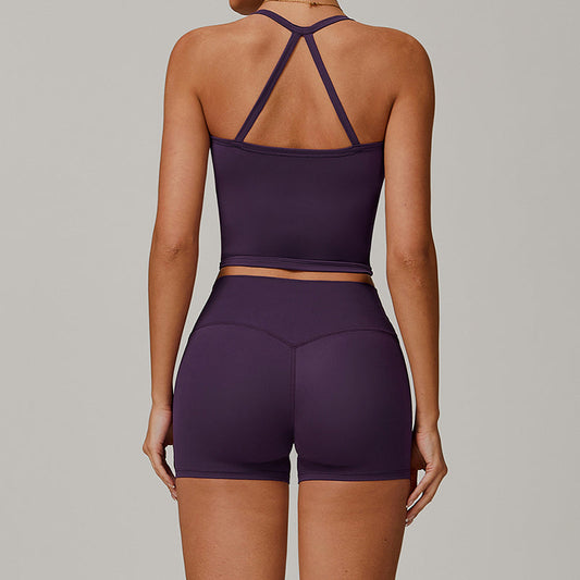 Brushed cross back yoga tank top + High-waisted shorts 2-piece set