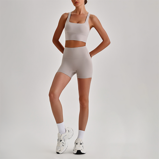 Wholesale Cross-Back Sports Bra & High-Waist Biker Shorts Set – Naked-Feel Quick-Dry Yoga 2-Piece