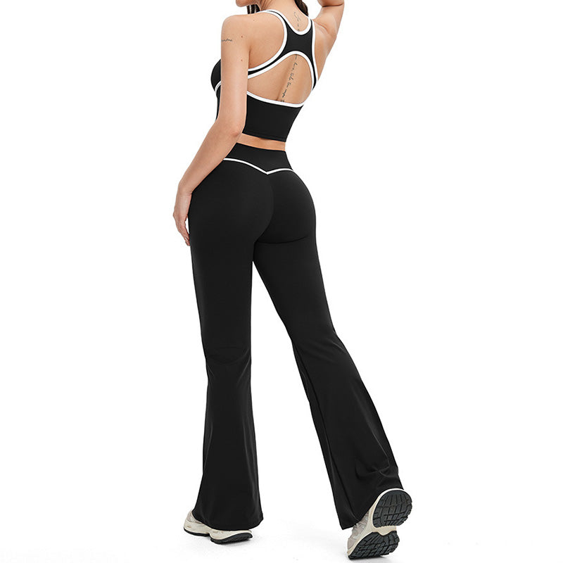 Women's contrasting color backless tank top + high-waisted flared pants 2-piece set