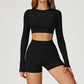 Round-neck long-sleeve high-waist fitted top+High-waist shorts 2-PIECE SET