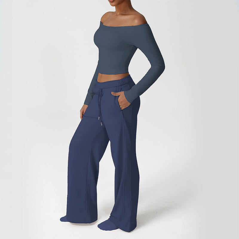 Off-Shoulder Long Sleeve + Loose Sports Pants 2-Piece Set