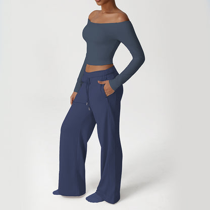 Off-Shoulder Long Sleeve + Loose Sports Pants 2-Piece Set