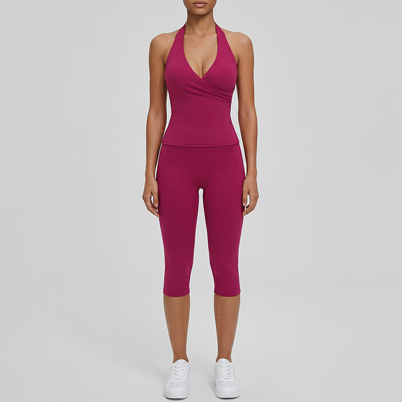 Wholesale V-neck halter top + high-waisted cropped pants set