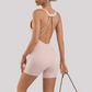 Wholesale Women's Open-Back Athletic Bodysuit – Cloud-Feel Double-Sided Quick-Dry Shorts Jumpsuit
