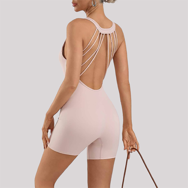 Wholesale Women's Open-Back Athletic Bodysuit – Cloud-Feel Double-Sided Quick-Dry Shorts Jumpsuit