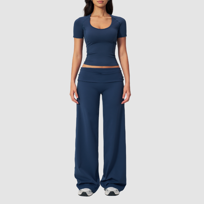 Wholesale Seam-Detail Cropped T-Shirt & Folding waist Flare Leggings Set