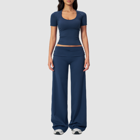 Wholesale Seam-Detail Cropped T-Shirt & Folding waist Flare Leggings Set
