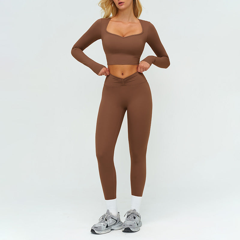 Slim-fitting long-sleeved top + tight-fitting athletic leggings 2-piece set