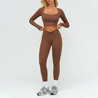 Slim-fitting long-sleeved top + tight-fitting athletic leggings 2-piece set