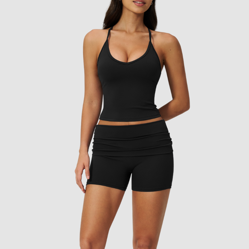 Wholesale women's brushed vest and fold-over hip-lifting shorts set