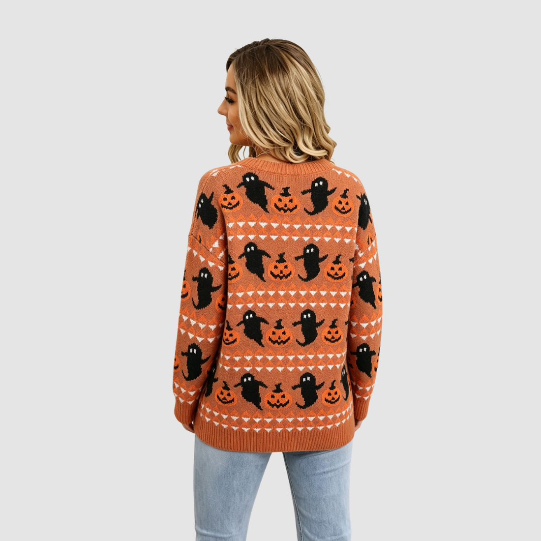 Wholesale Women's Halloween Witch Ghost & Pumpkin Knit Sweater – Loose Round-Neck Pullover