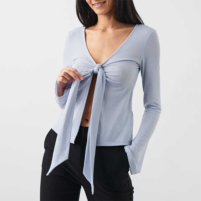 Wholesale Modal-Blend Tie-Front Bow Long-Sleeve Fitted T-Shirt – Elegant Slim-Fit Top