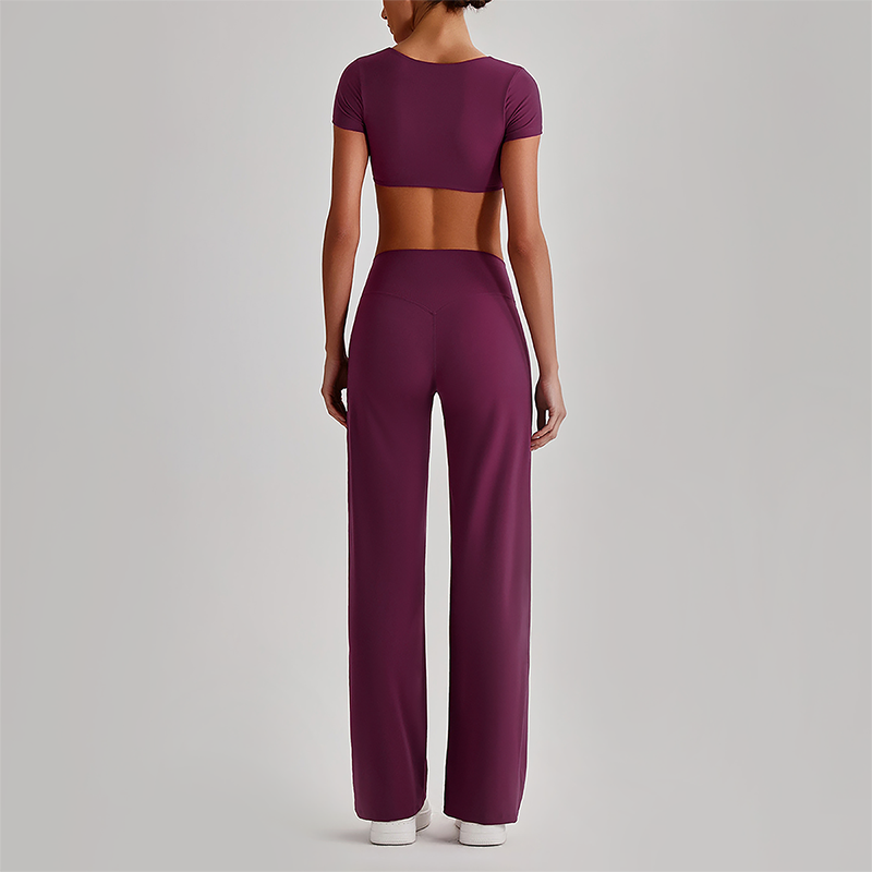 Wholesale Women's Short Sleeve Exposed Back Bra+Naked Feel Straight Leg Pants Yoga Set