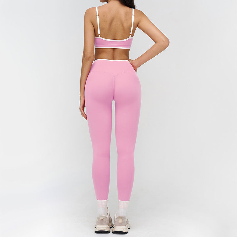 Women's contrasting color sports bra + high-waisted leggings 2-piece set