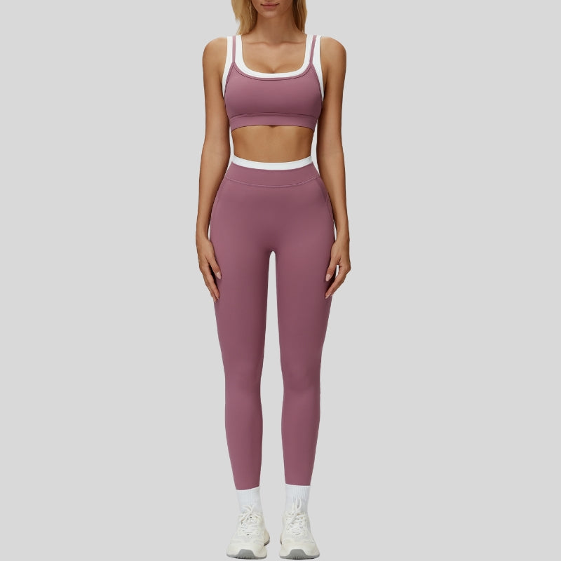 Contrast color sports bra + sports legginggs 2-piece set