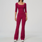 Wholesale Women's Round Neck Mid-Sleeve Tops + Flare Pants Yoga Set