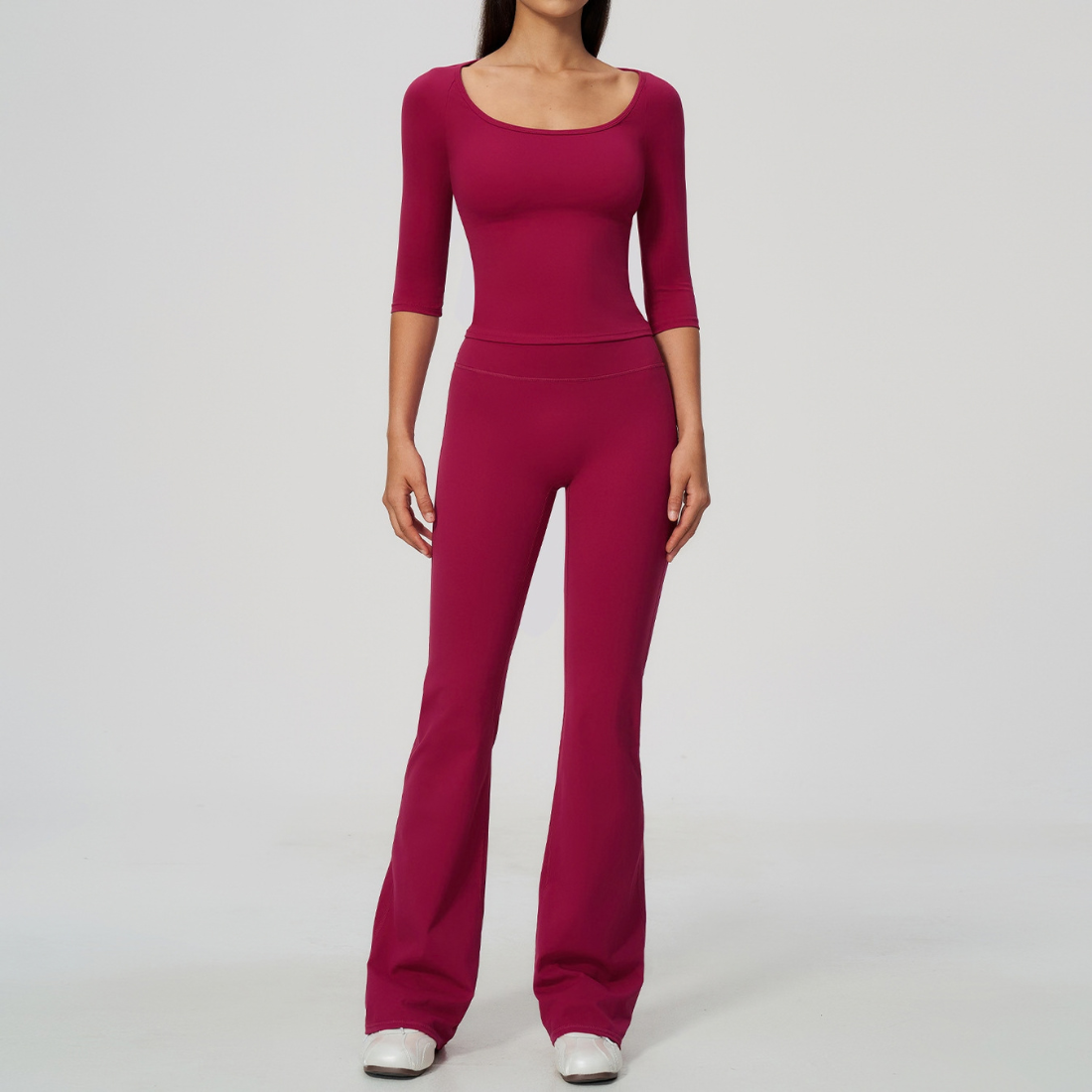 Wholesale Women's Round Neck Mid-Sleeve Tops + Flare Pants Yoga Set