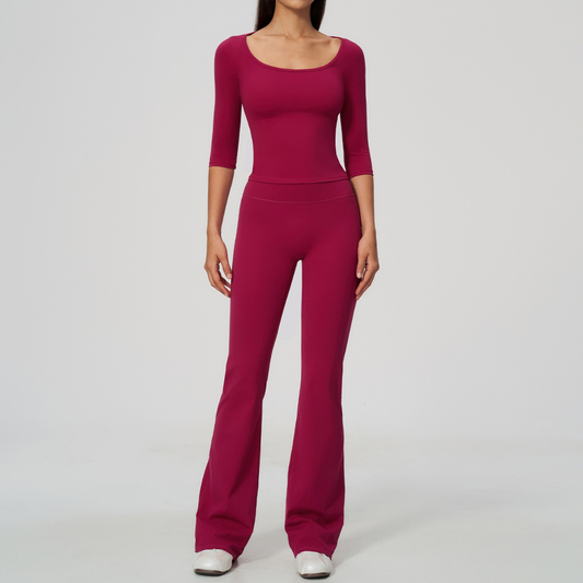 Wholesale Women's Round Neck Mid-Sleeve Tops + Flare Pants Yoga Set