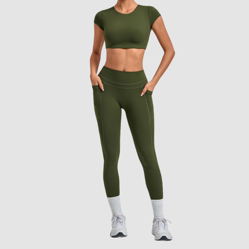 Wholesale Women's Naked-Feel Short Sleeve Crop Top + High-Waist Leggings Set – Moisture-Wicking Yoga Fitness Activewear