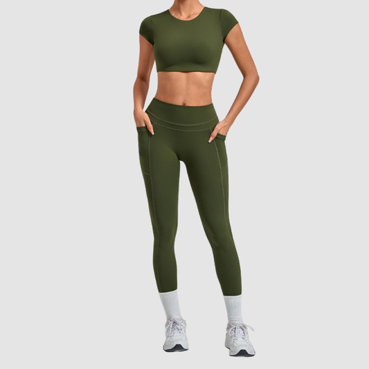 Wholesale Women's Naked-Feel Short Sleeve Crop Top + High-Waist Leggings Set – Moisture-Wicking Yoga Fitness Activewear