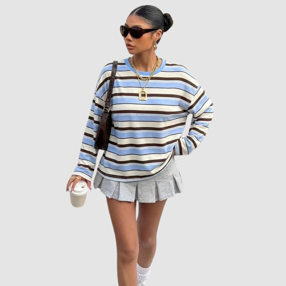 Wholesale Women's Striped  Loose Colorblock Long Sleeve Round-Neck Sweatshirt