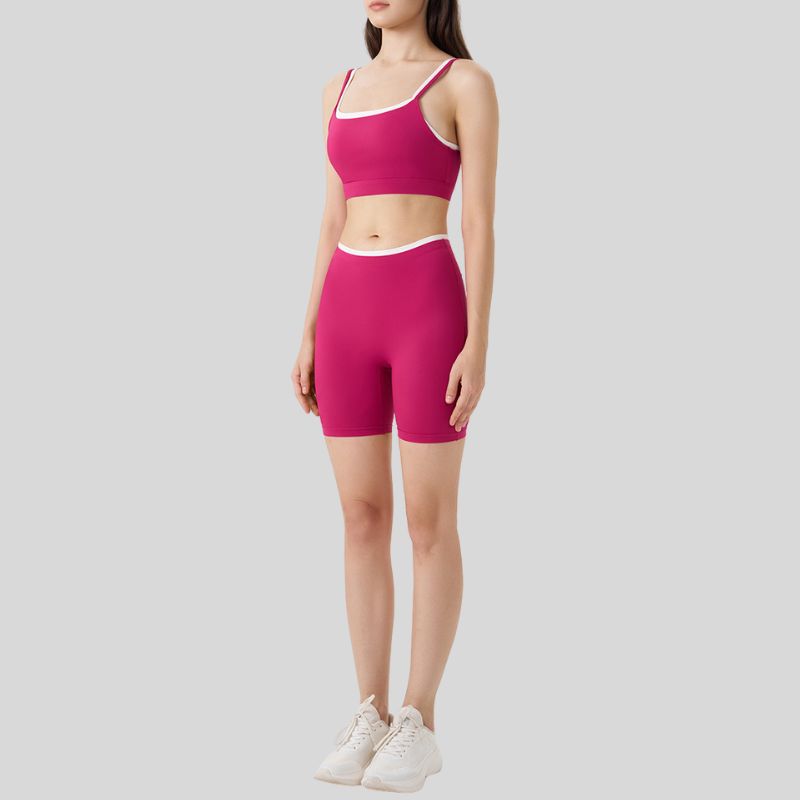 Fake two-piece contrasting color sports bra + shorts