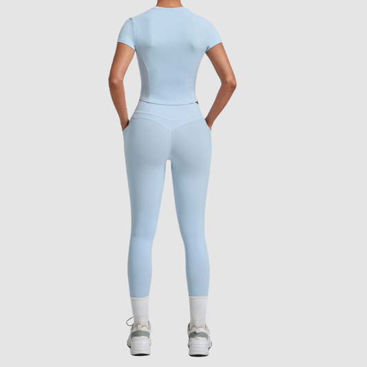 Wholesale Women's Naked-Feel Short Sleeve Top + High-Waist Leggings Set – Peach Lift Yoga Fitness Activewear