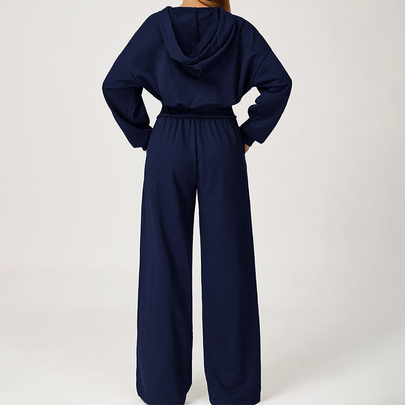 LOOSE HOODED AND FULL ZIPPER SWEATSHIRT + DRAWSTRING SWEATPANTS 2 PIECES SET