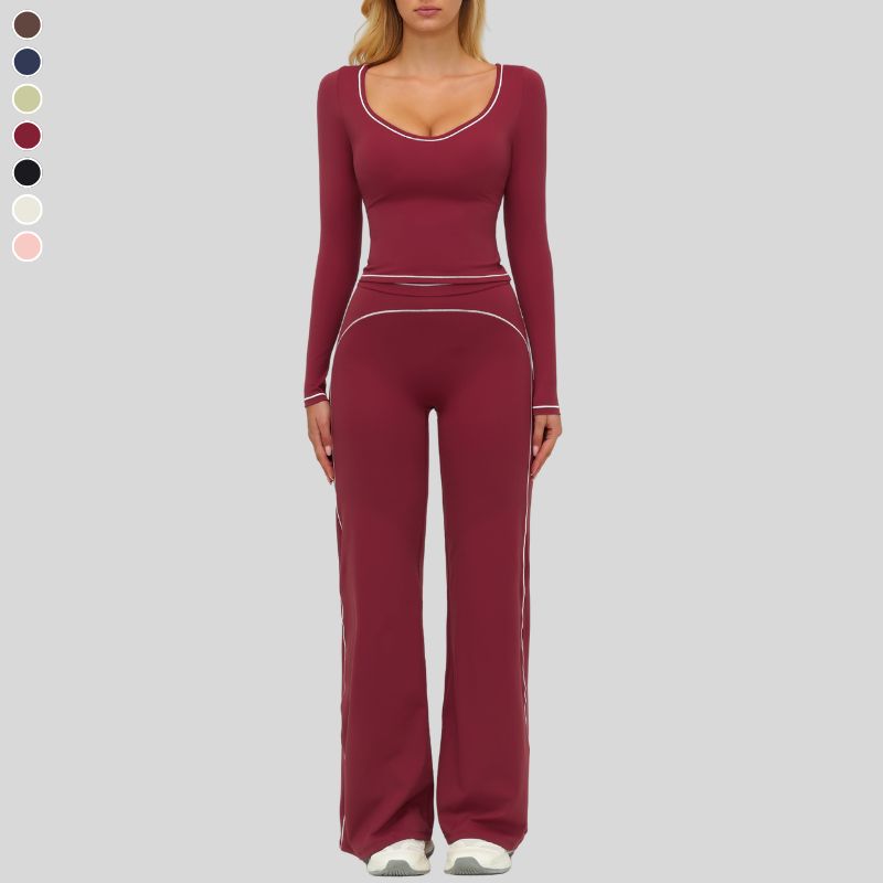 Color-blocked long-sleeved sports top+ High-waisted wide-leg pants 2-piece set