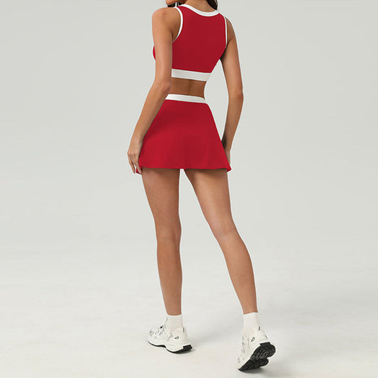 Splicing color Sports Bra + A-line Tennis Skirt 2-Piece Set
