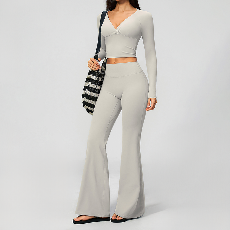 Wholesale Women's Cream-Feel Fleece Long Sleeve Top & High waisted flared Pants Set