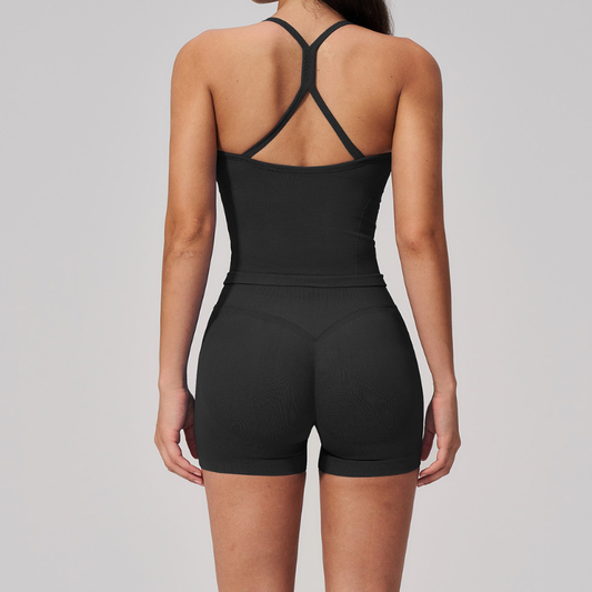 Wholesale Women's Seamless Yoga Set – Open-Back Vest and High-Waist Shorts