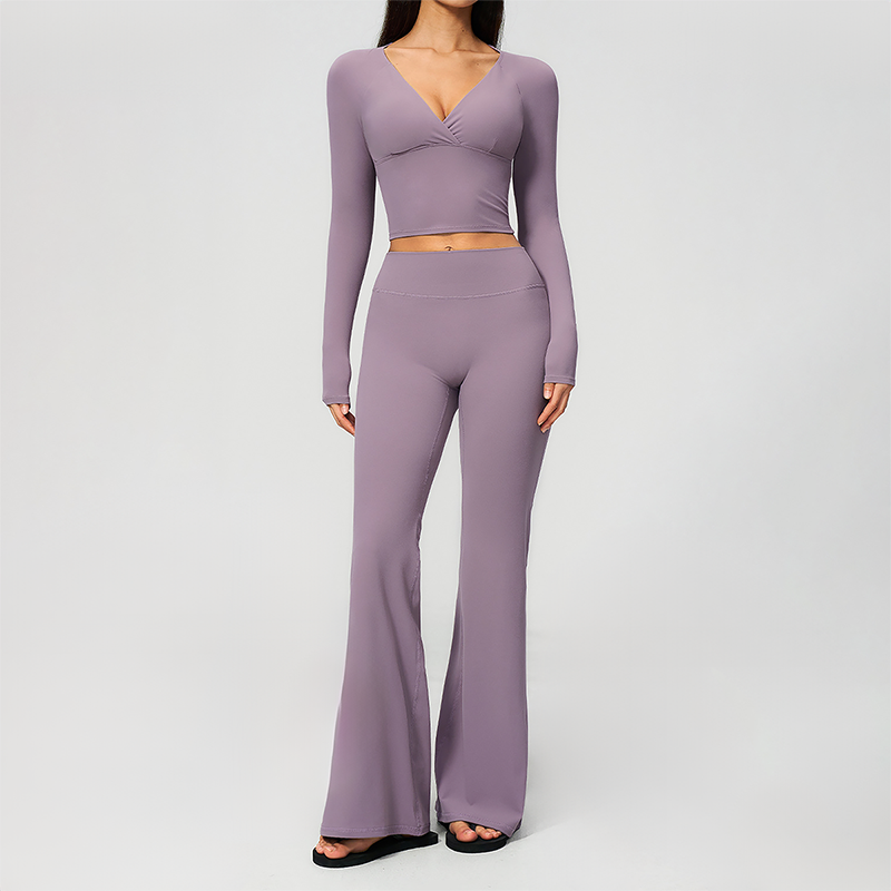Wholesale Women's Cream-Feel Fleece Long Sleeve Top & High waisted flared Pants Set