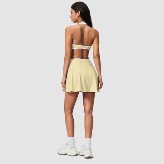 Wholesale Women's Color Block Sports Bra & Anti-Exposure High-Waist Mini Skirt Set – Naked Feel Yoga Gym Activewear
