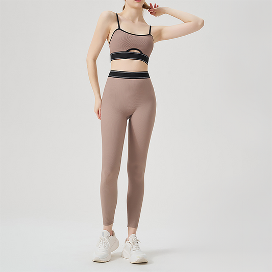 Wholesale color blocked backless vest+high waisted Legging 2-piece Set