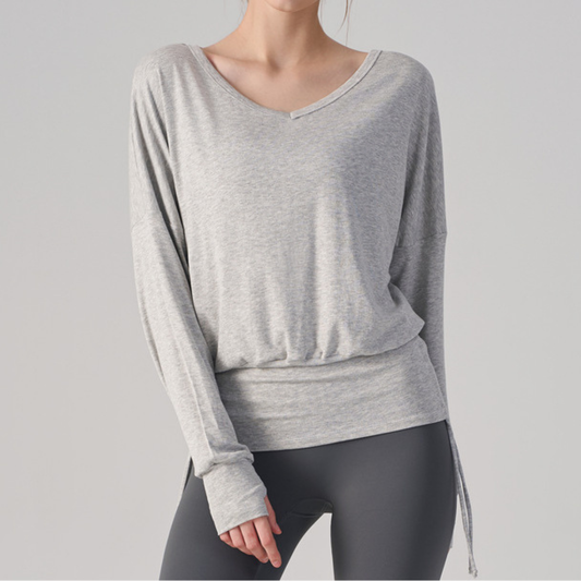 Wholesale V-Neck Batwing Sleeve Yoga Cover-up – Loose Drawstring T-Shirt