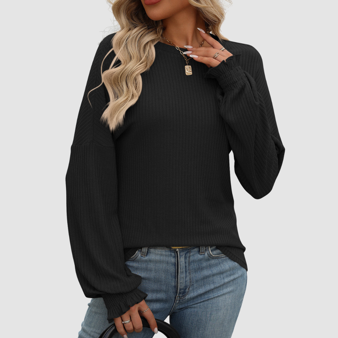 Wholesale Women's Ribbed Long Sleeve T-Shirt – Loose Ruffle-Sleeve Top