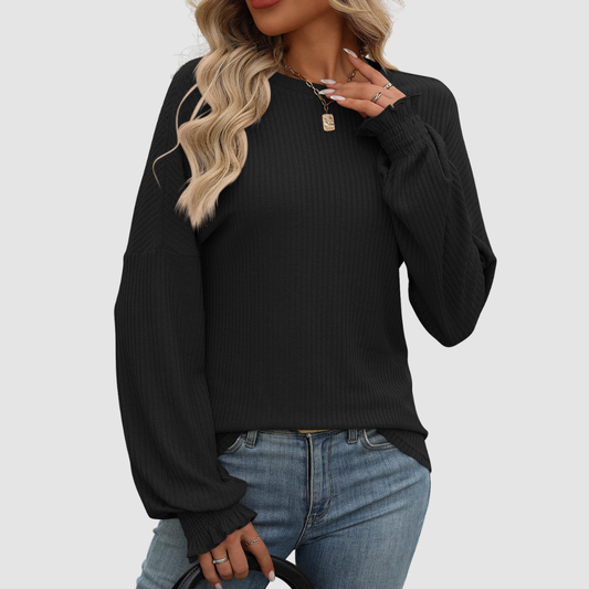 Wholesale Women's Ribbed Long Sleeve T-Shirt – Loose Ruffle-Sleeve Top