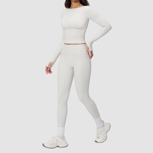 Wholesale Seam-Detail Long-Sleeve Crop Top & High-Waist Leggings Set – Brushed Yoga 2-Piece