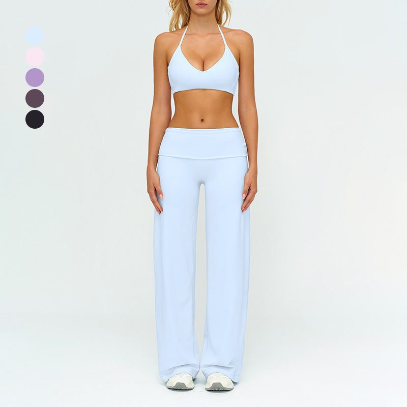 V-neck backless sports bra + high-waisted loose wide-leg pants 2-piece set