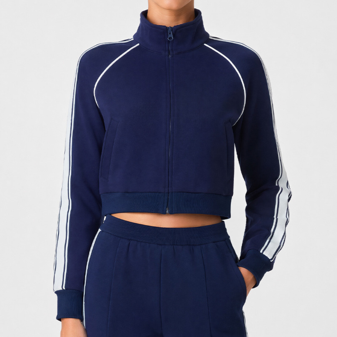 Wholesale Women's Activewear Color-Block Stand-Collar Zip Pocket Cropped Sports Jacket