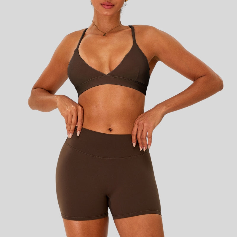 Strap bra + high-waisted shorts 2-piece set